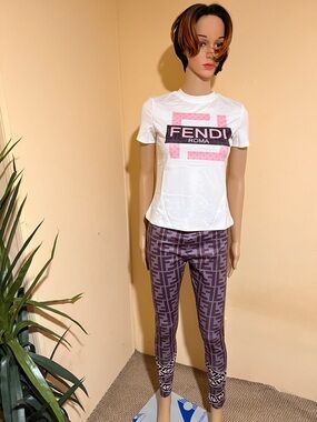 Fendi White Tee with Pink Logo & Purple Monogram Leggings